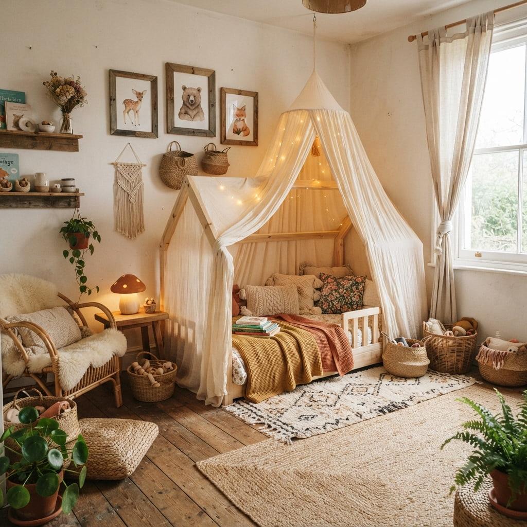 Decoration de chambre enfant style boheme chic coin lecture cocooning matieres naturelles et accessoires en rotin