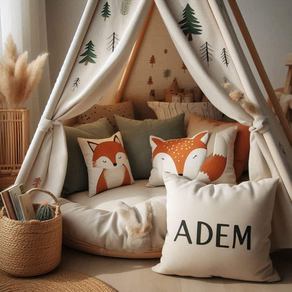Décoration de chambre enfant thème animaux de la forêt avec coussin personnalisé au prénom Adem