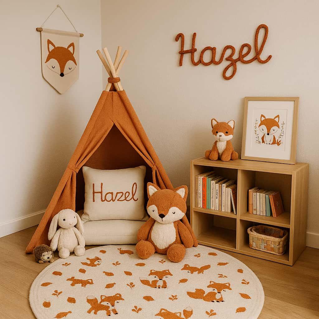 Decoration de chambre espace de detente et de lecture pour tout petit theme renard prenom hazel