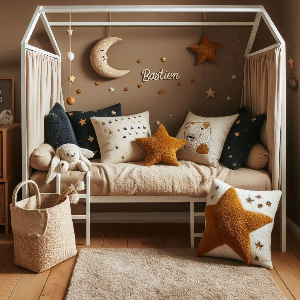 Decoration de chambre lit cabane coussin etoile prenom bastien