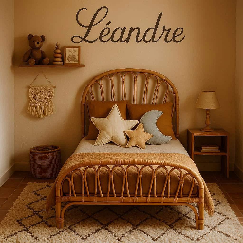 Decoration de chambre naturelle en bambou lit simple pour enfant personnalise au nom de leandre