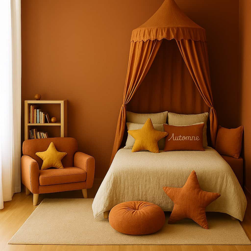 Decoration de chambre personnalisee avec le prenom automne lit simple avec ciel de lit petit fauteuil coussin etoiles couleurs chaudes