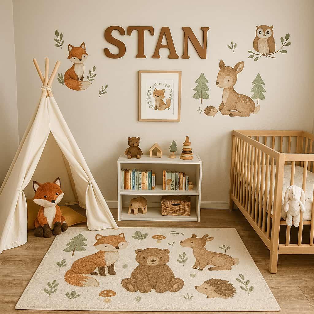 Decoration de chambre pour bebe theme animaux de la foret tipi petite bibliotheque berceau tapis prenom stan