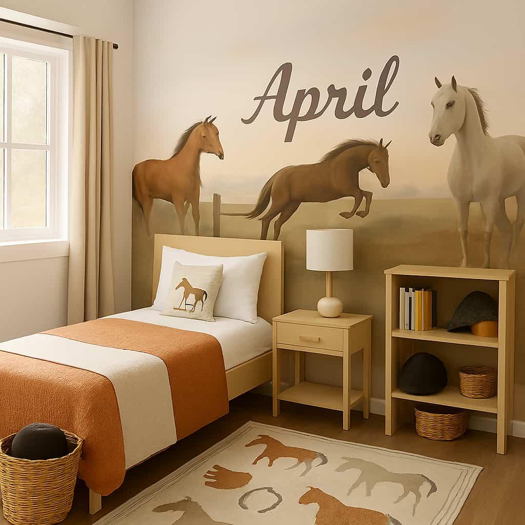 Decoration de chambre pour enfant sur le theme des cheveaux de l equitation prenom april ecrit sur le mur