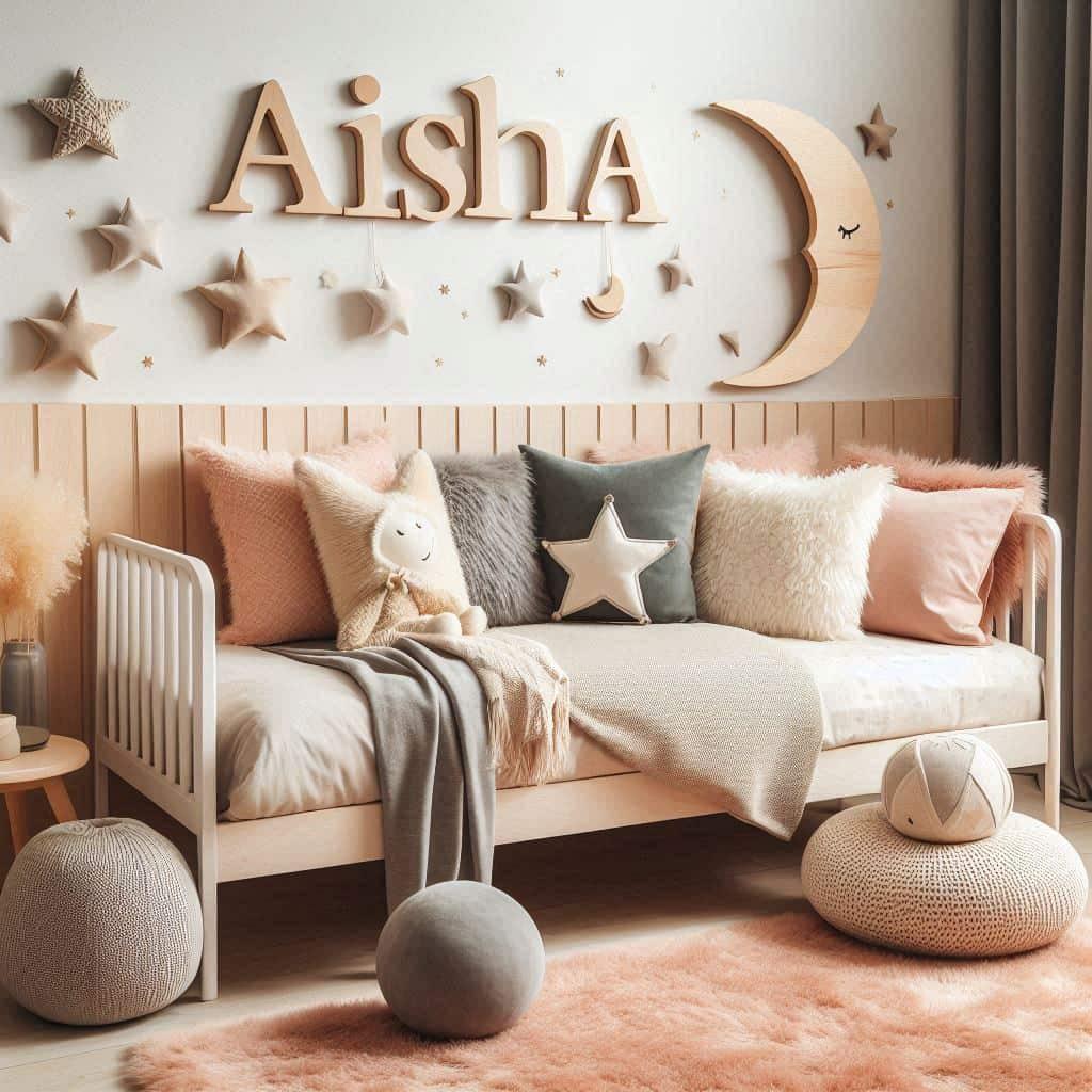 Decoration de chambre pour fille avec couleurs douces personnalisee avec le prenom aisha ecrit en lettres en bois deco scandinave