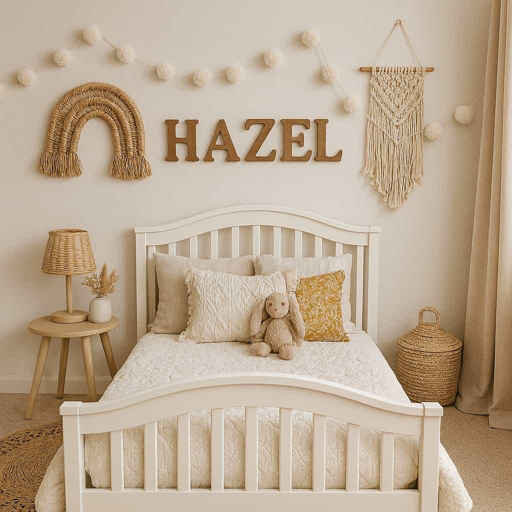 Decoration de chambre pour fille qui se nomme hazel style boho chic couleurs blanc et beige tendance 2025