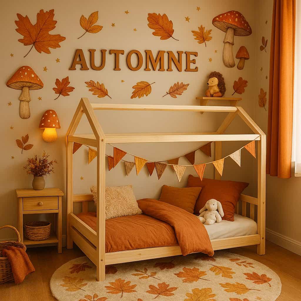 Decoration de chambre pour une petite fille qui se nomme automne lit cabane montessori en bois naturel tapis a motif feuilles d automne lampe champignon decoration automnale peluch