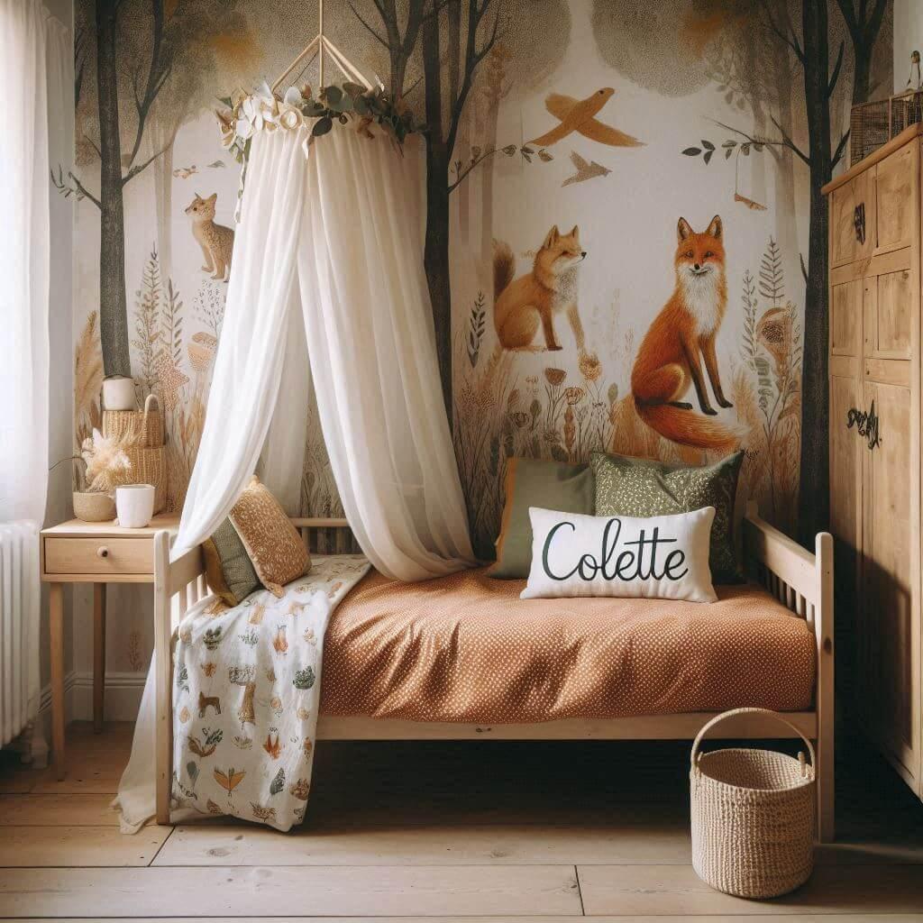 Déco rustique de chambre de petite fille avec prénom Colette sur coussin, lit simple, papier peint forêt poétique et ciel de lit aux tons chauds