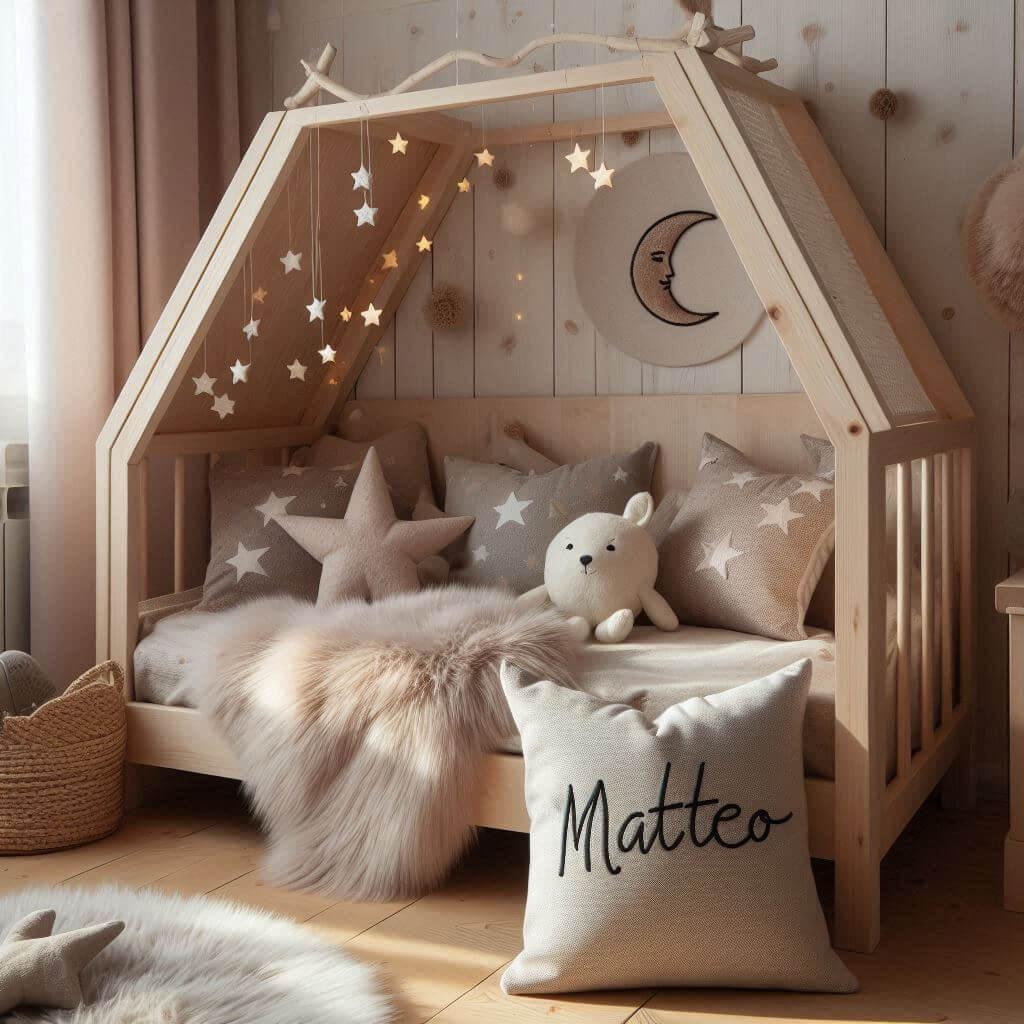 Decoration de chambre scandinave prenom matteo lit cabane guirlande lumineuse