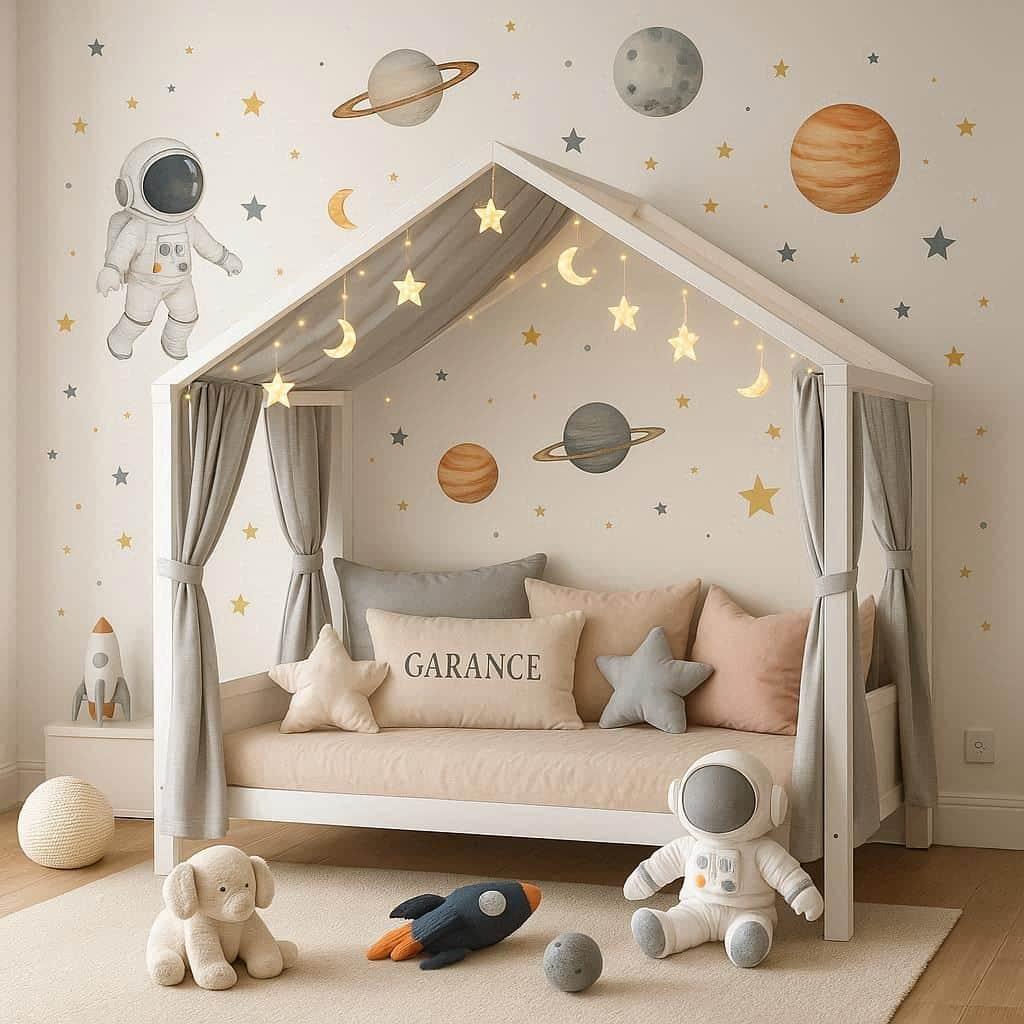 Decoration de chambre theme astronaute couleurs douces personnalisee avec le prenom garance