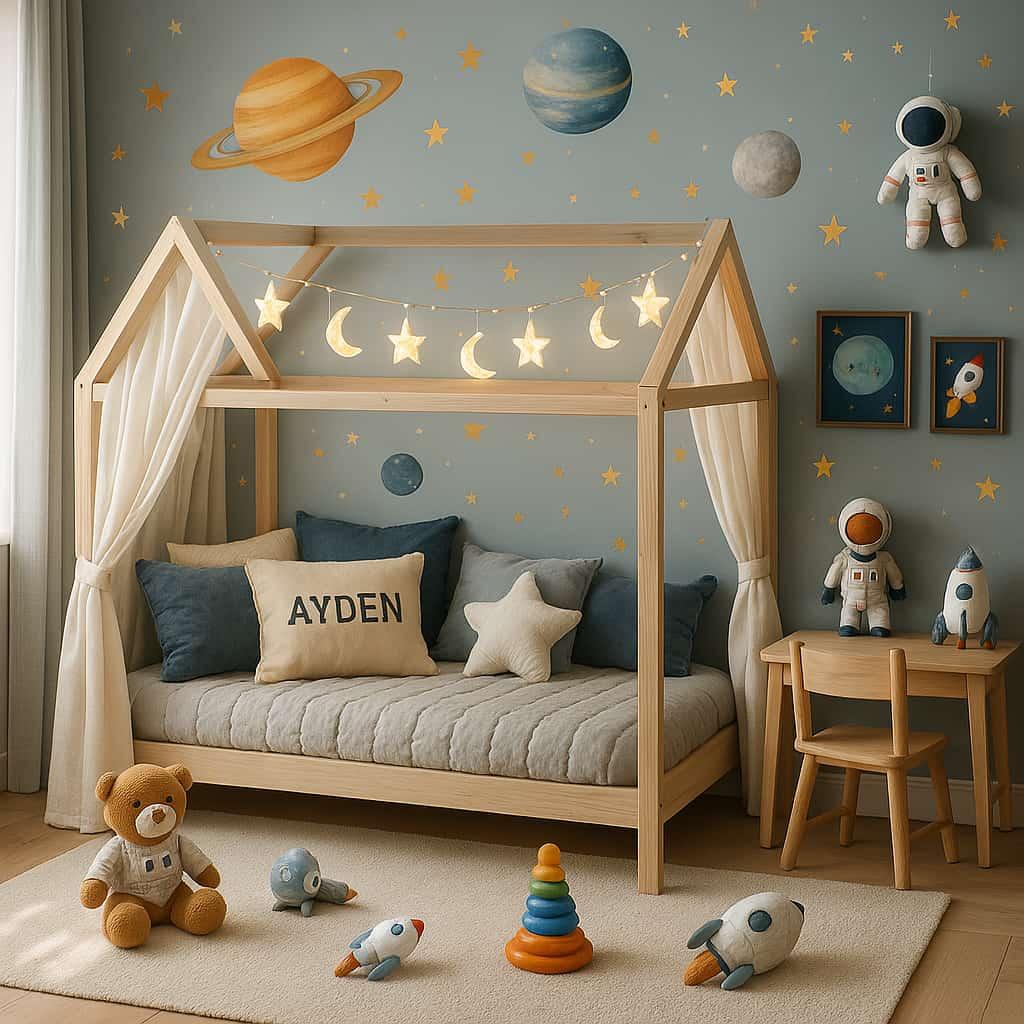 Decoration de chambre theme astronaute personnalisee avec le prenom ayden lit cabane avec jouets