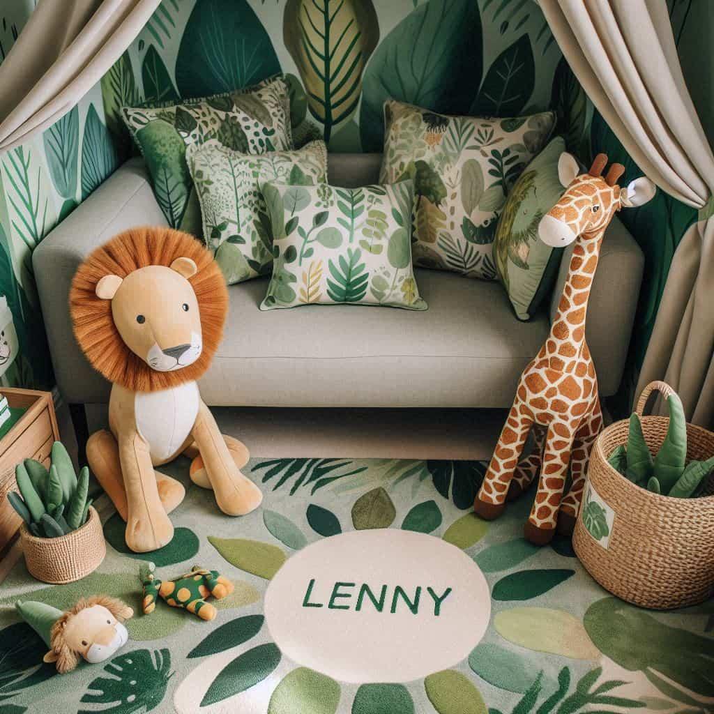 Décoration enfant thème de la jungle personnalisée avec des coussins feuilles, peluche lion, peluche girafe et le prénom Lenny