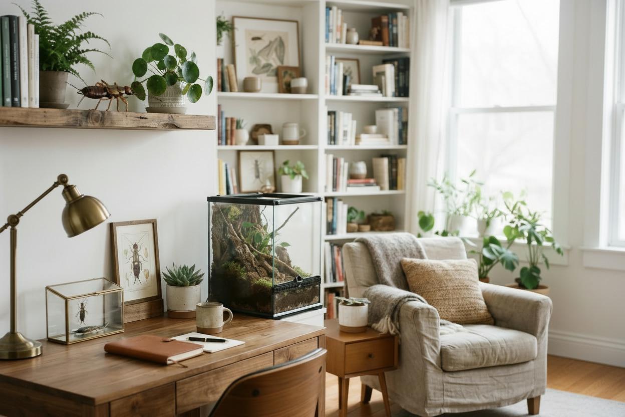 Decoration interieure nature avec bureau en bois plantes terrarium et insectes exposes ambiance calme et symbolique du pince oreille liee a la protection discrete et a la lucidite
