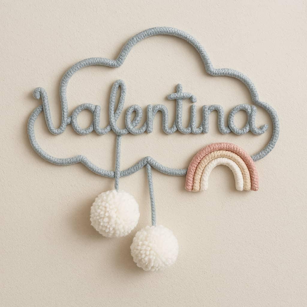 Decoration murale artisanale en forme de nuage avec prenom valentina en fil tricote pompons blancs et arc en ciel pastel ideale pour chambre bebe