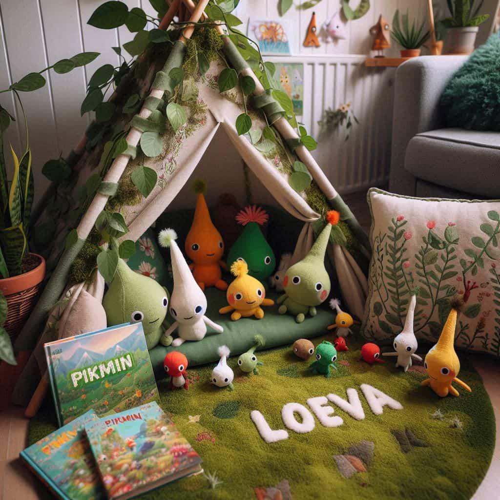 Decoration passion jeu pikmin tipi avec lierre et peluches a l effigie des personnages de pikmin personnalise avec le prenom loeva