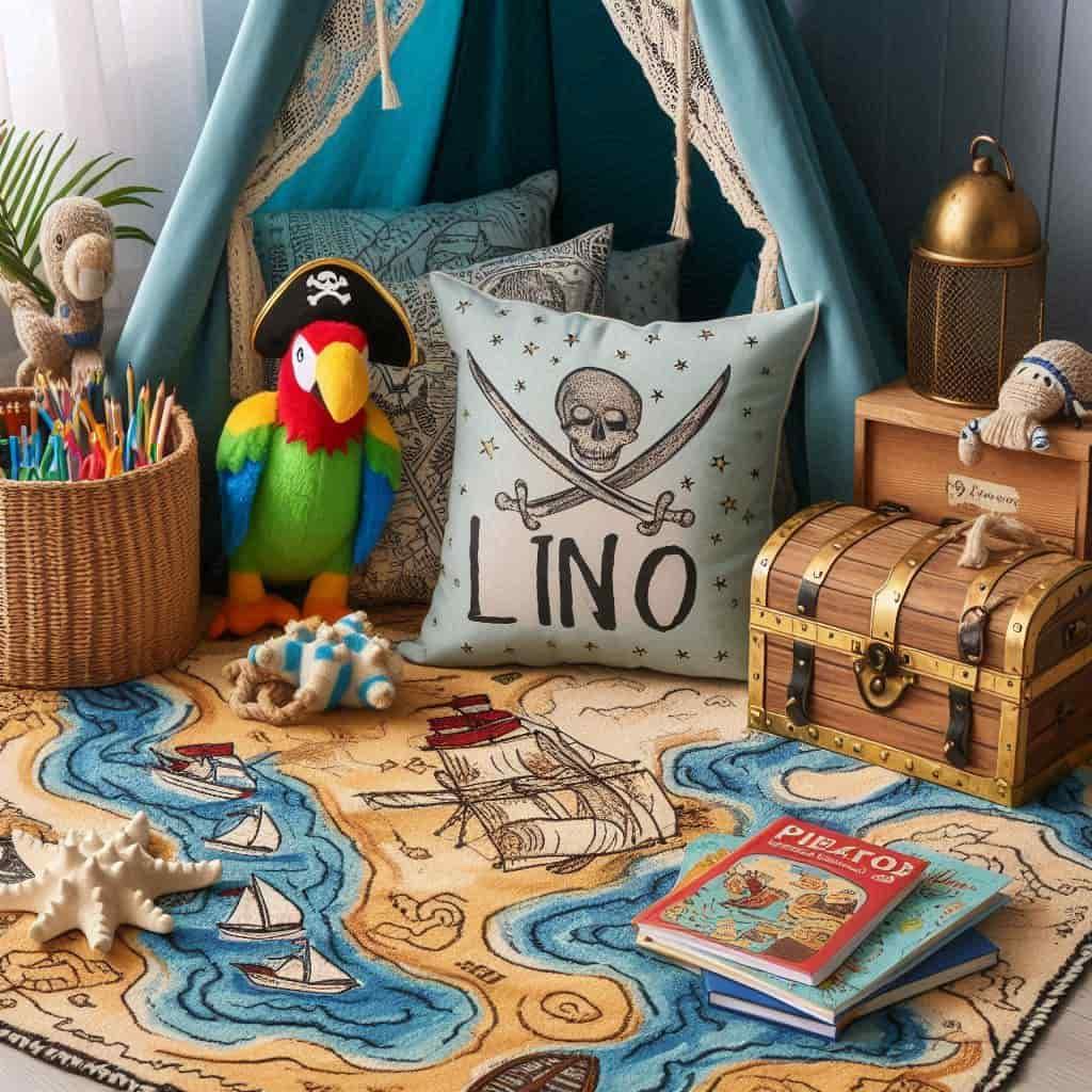 Decoration pirate pour chambre enfant espace de lecture coussin pirate peluche perroquet coffre tapis carte au tresor personnalise avec le prenom lino