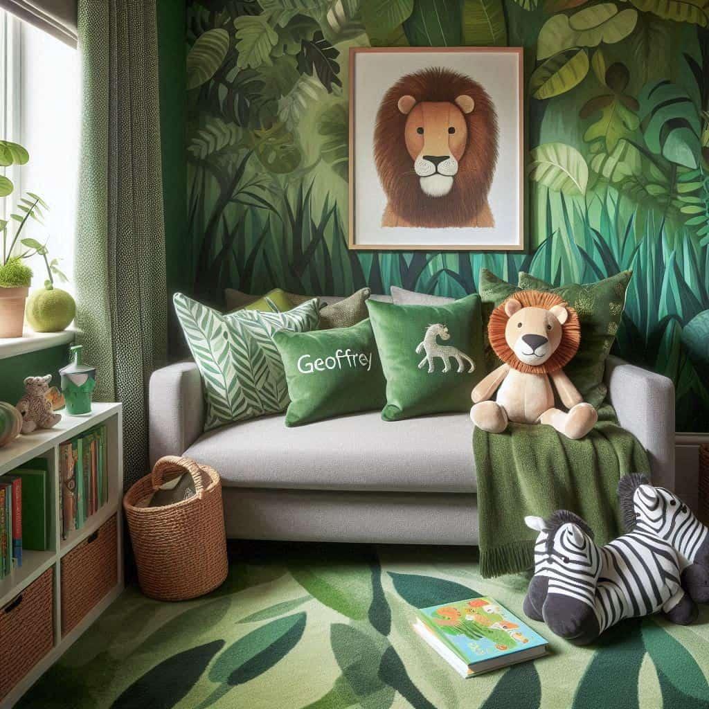Decoration pour enfant theme jungle canape livre coin lecture tapisserie jungle prenom geoffrey