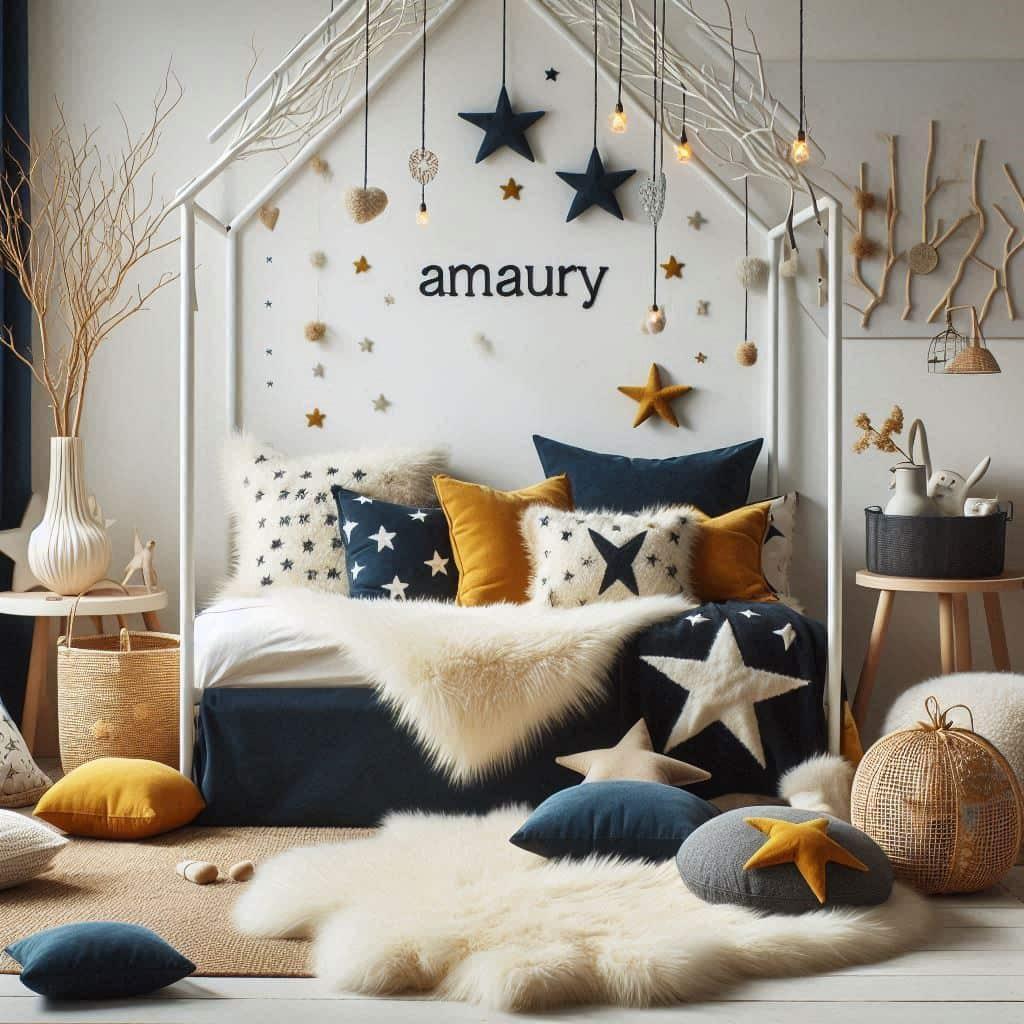 Decoration scandinave personnalisee avec le prenom amaury chambre enfant bleu nuit et moutarde