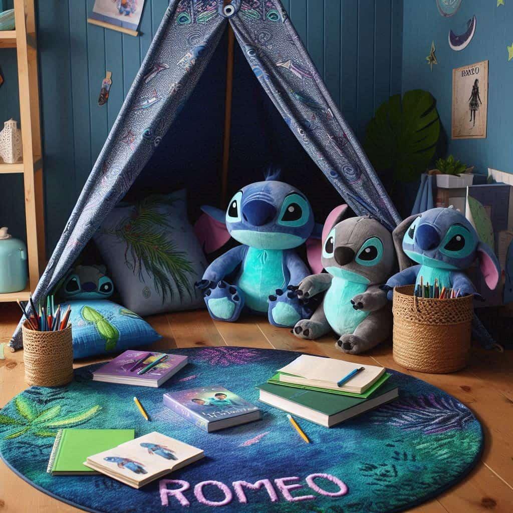 Decoration stitch personnalisee avec le prenom romeo dans une chambre de petit garcon
