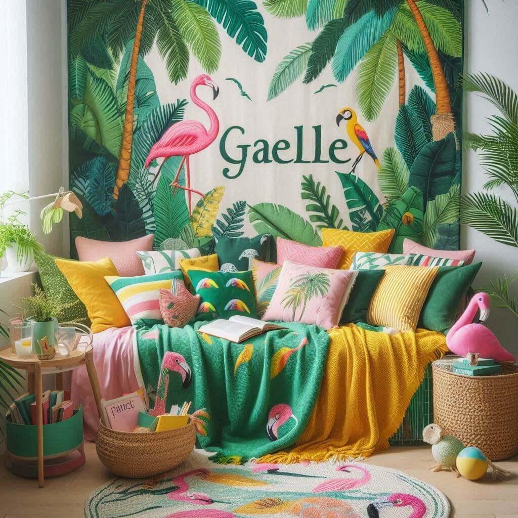 Decoration style jungle tropicale canape et coussin personnalise avec le prenom gaelle