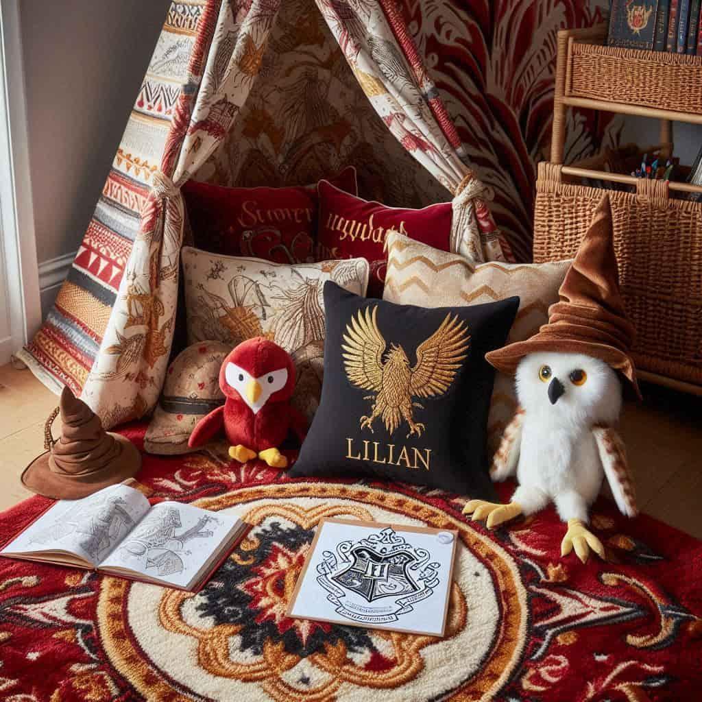 Decoration theme harry potter personnalise avec le prenom lilian tapis tipi chouette edwige en peluche coussins personnalises et livres