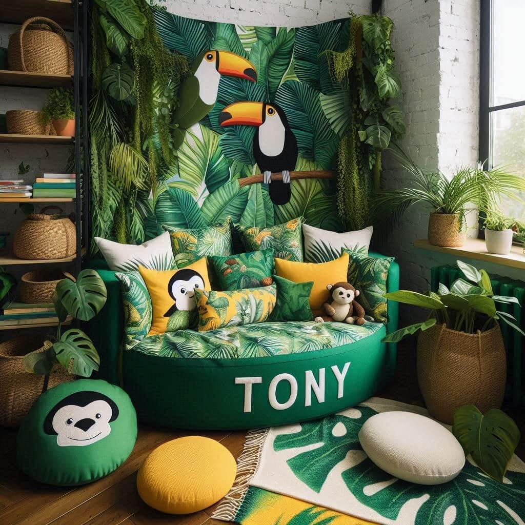 Decoration theme jungle tropicale avec des toucans prenom tony
