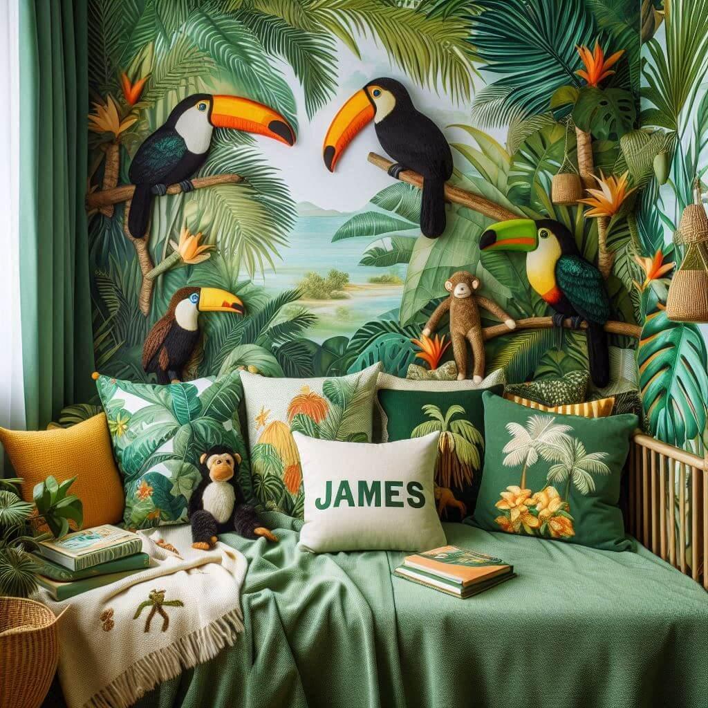 Decoration theme jungle tropicale toucans avec le prenom james