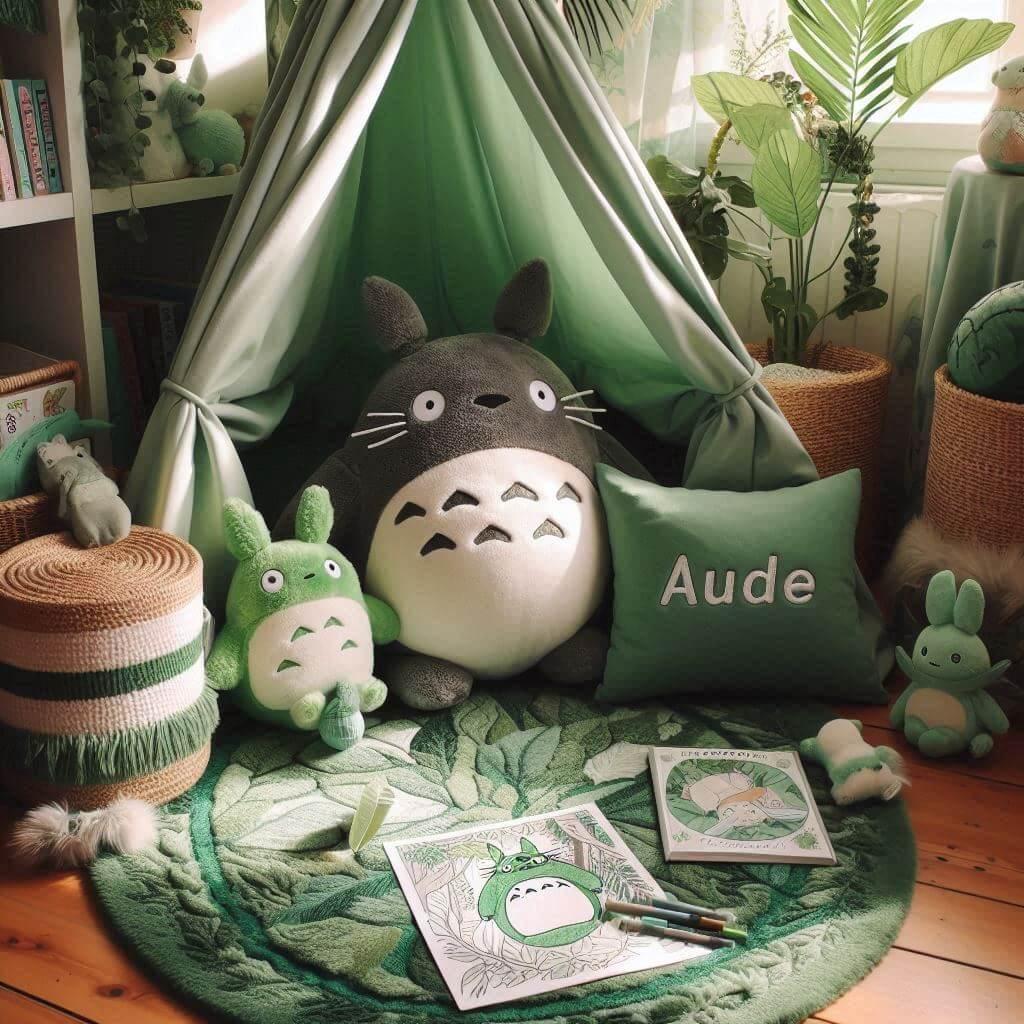 Decoration totoro avec petit tipi pour enfant prenom aude brode sur un coussin