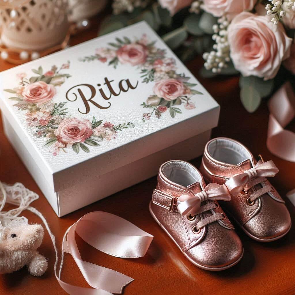 Des chaussures pour petite fille avec le prenom rita porte par une petite fille avec sa boite a chaussures personnalisee