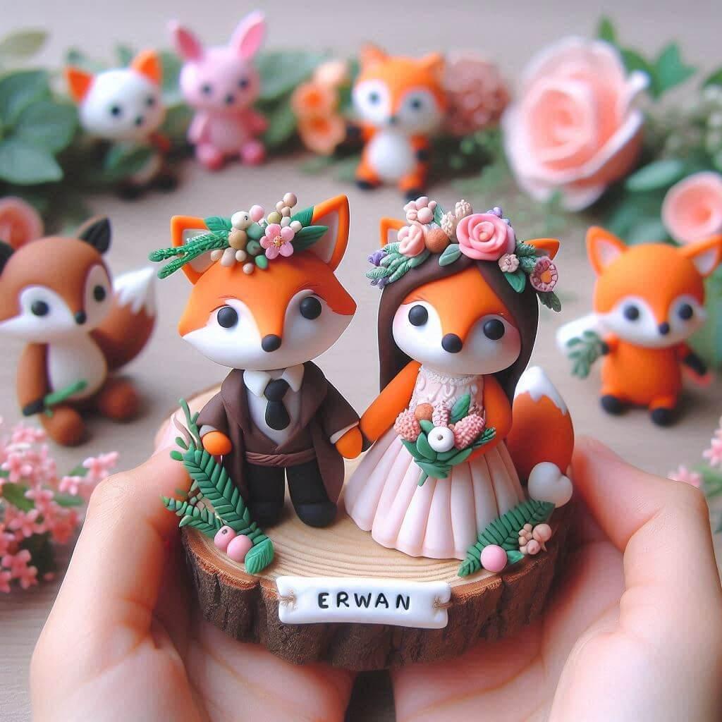 Deux figurines renards de mariage en fimo personnalisees avec le prenom erwan