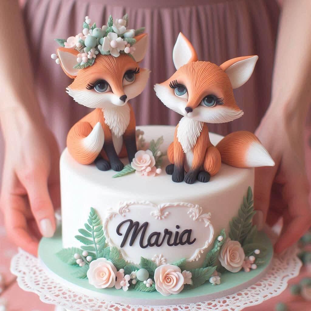 Deux figurines renards en pate a sucre personnalise avec le prenom maria