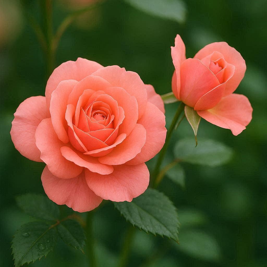 Deux roses corail en fleurs sur fond vert flou symbole de joie douce et d elan du c ur