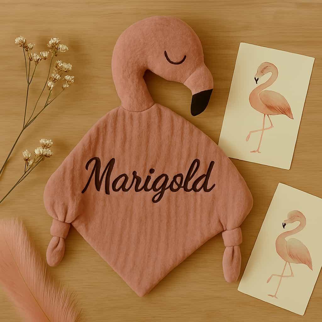 Doudou flamant rose personnalise avec le prenom marigold photo de profil couleur vieux rose