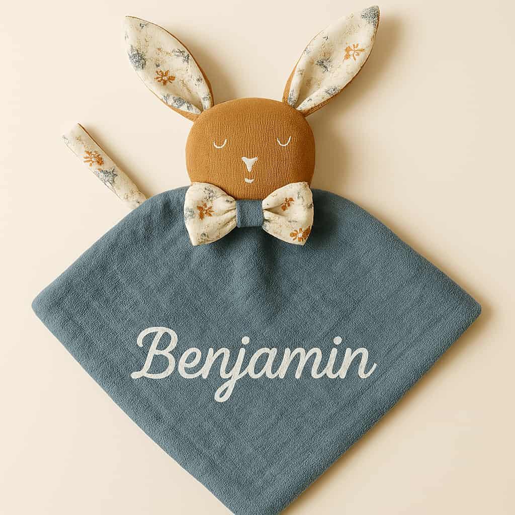 Doudou lapin artisanal personnalise avec le prenom benjamin couleur bleu gris et beige fleuri