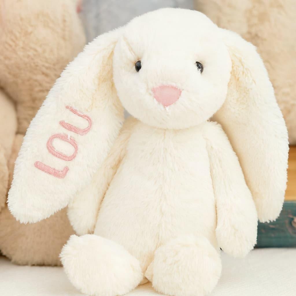 Doudou lapin tout doux a personnaliser demonstration peluche lapin prenom lou couleur blanc