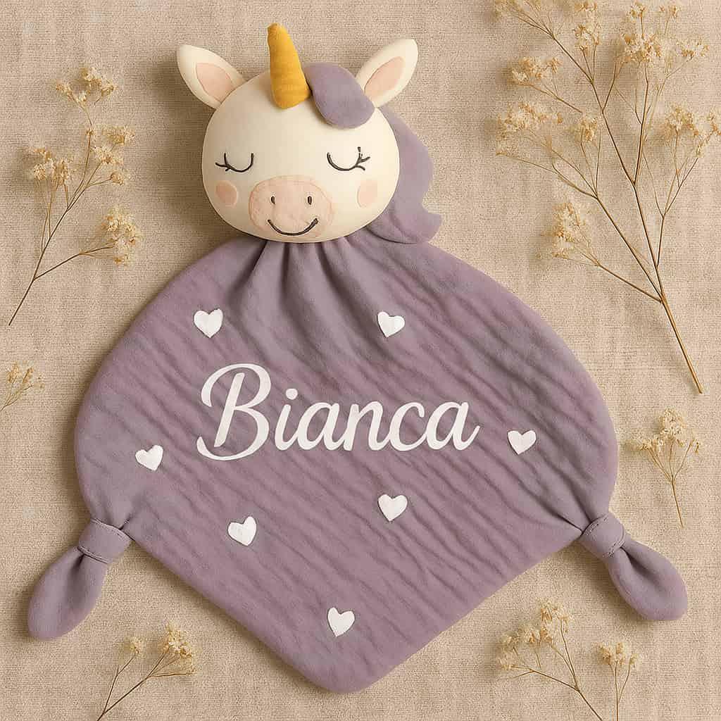 Doudou licorne personnalise avec le prenom bianca couleur violet