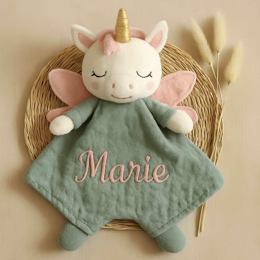Doudou licorne personnalisee avec le prenom marie cadeau de naissance