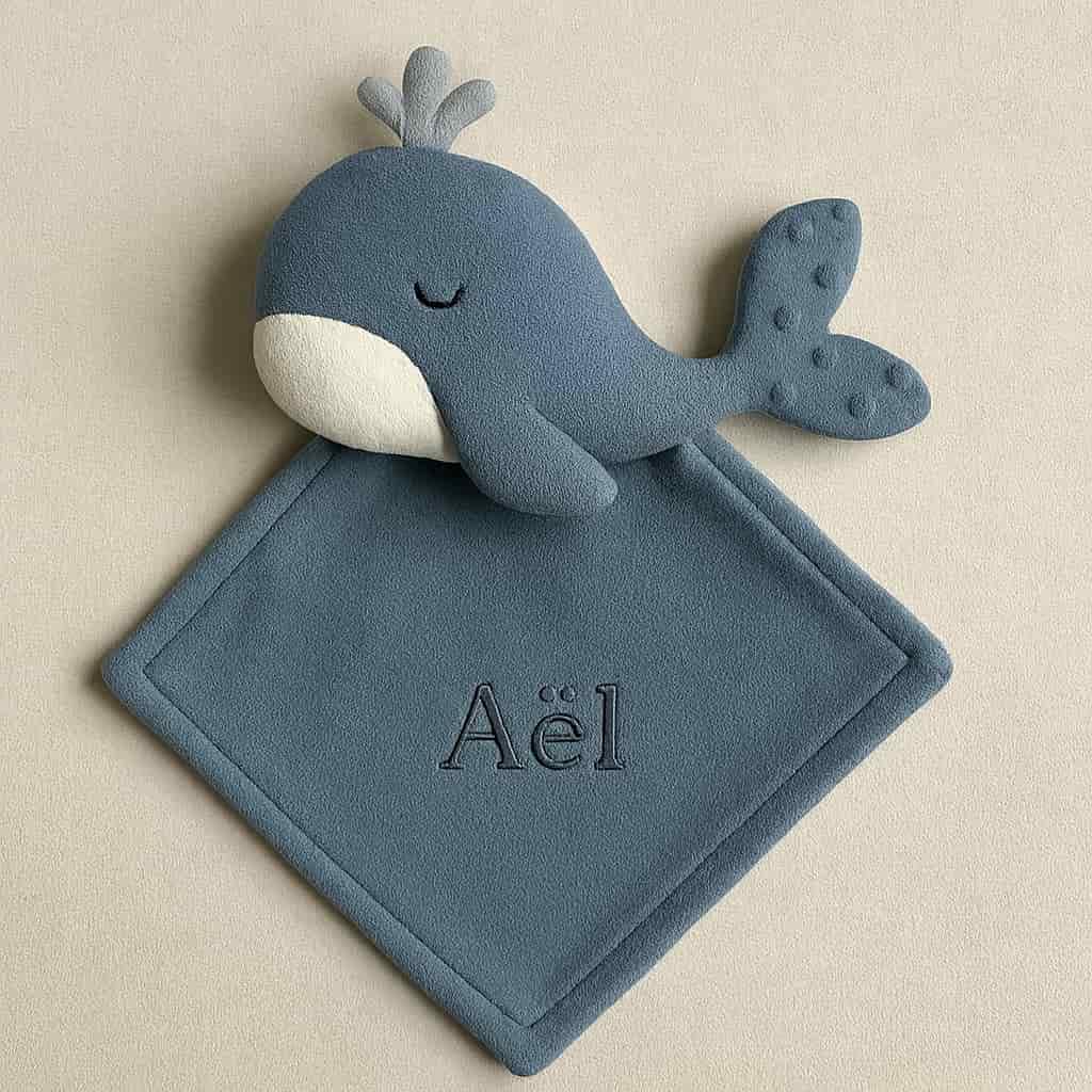 Doudou peluche baleine personnalise avec le prenom ael