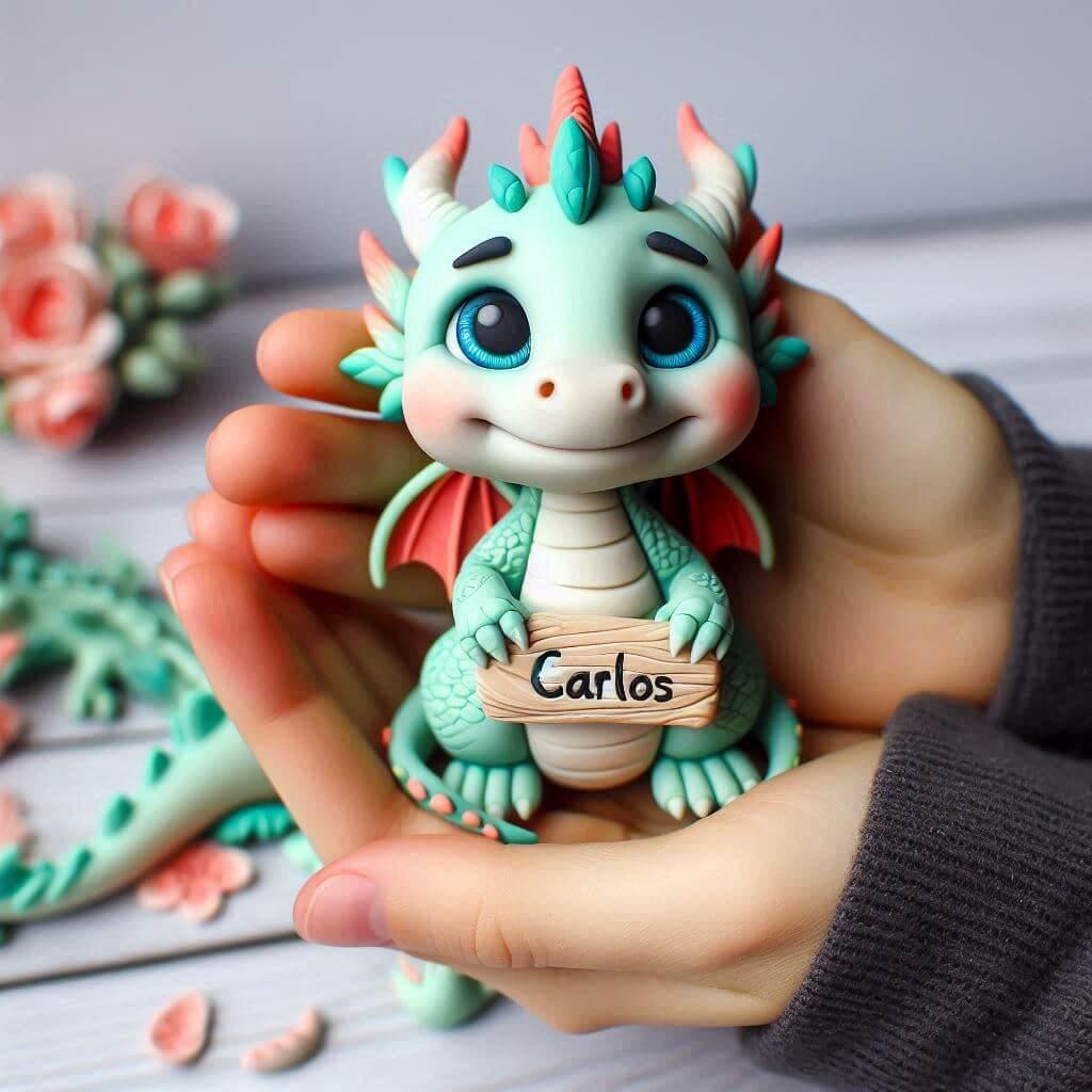 Dragon en fimo avec une petite fille avec le prenom carlos