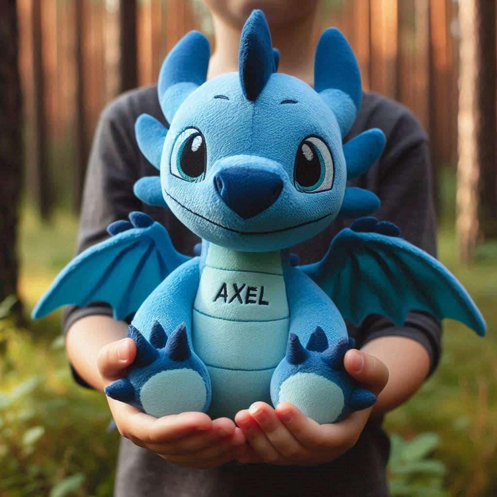 Dragon en peluche personnalise avec le prenom axel couleur bleue