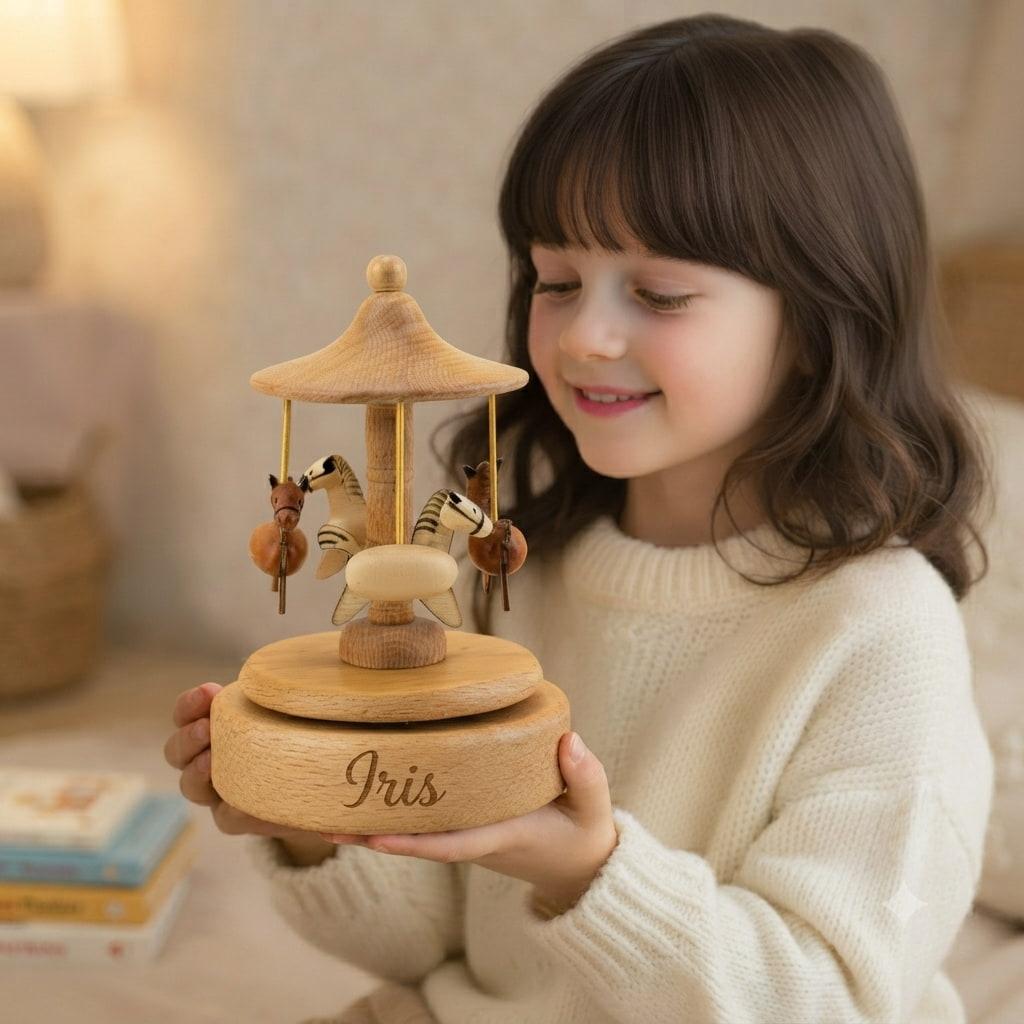 Carrousel en bois gravé au prénom Iris, décoré d’animaux sculptés, tenu par un enfant dans une ambiance douce.