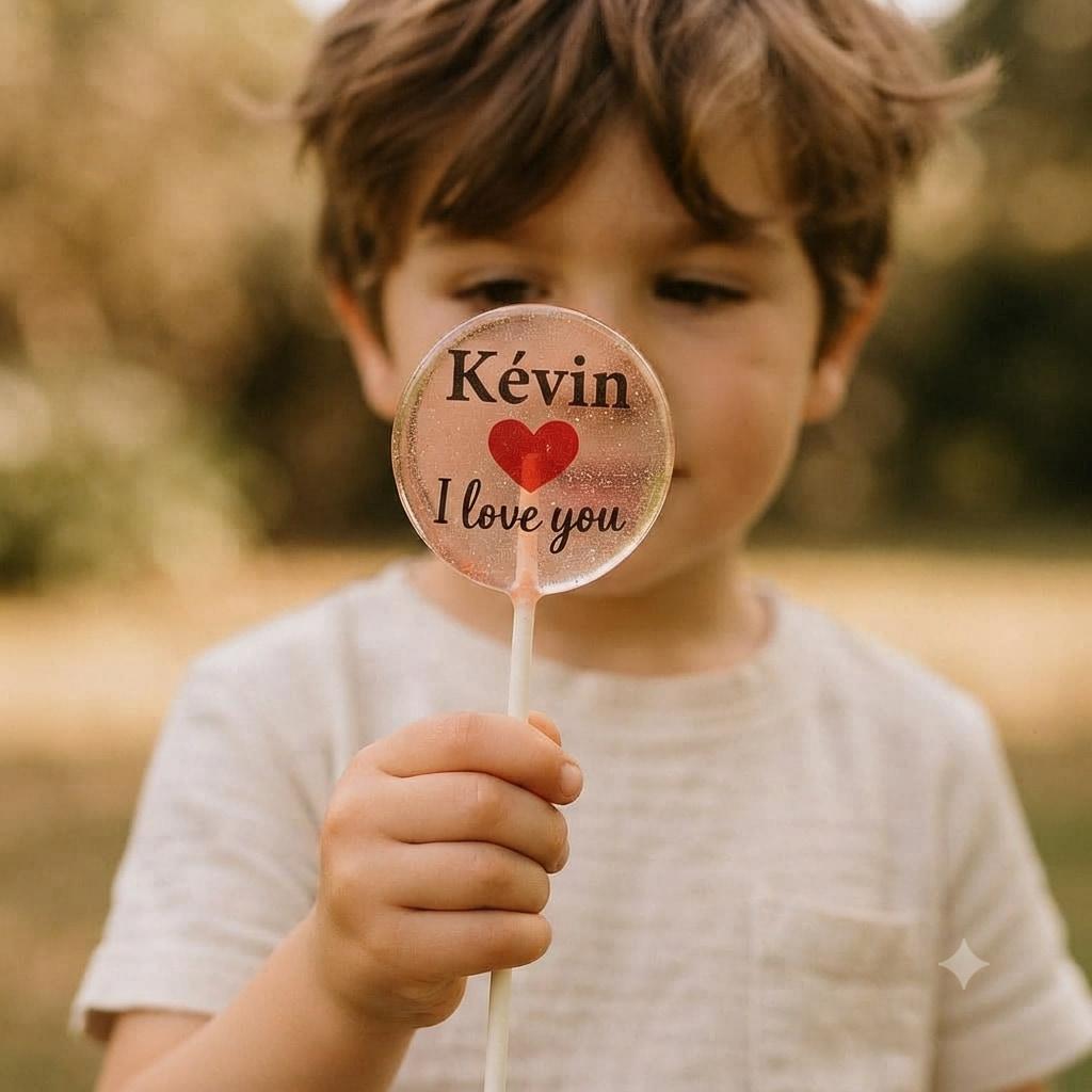 Enfant tenant une sucette personnalisee avec le prenom kevin et un message d amour photo lumineuse en exterieu