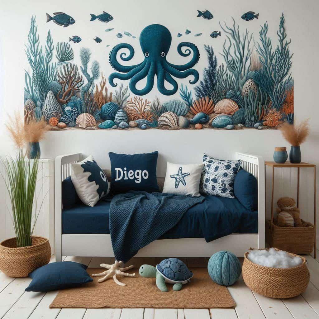 Espace bebe theme mer petit lit avec draps bleu marine coussins doux dont un brode diego tapisserie murale poissons tropicaux algues coraux et coquillages peluches pieuvre et tortu