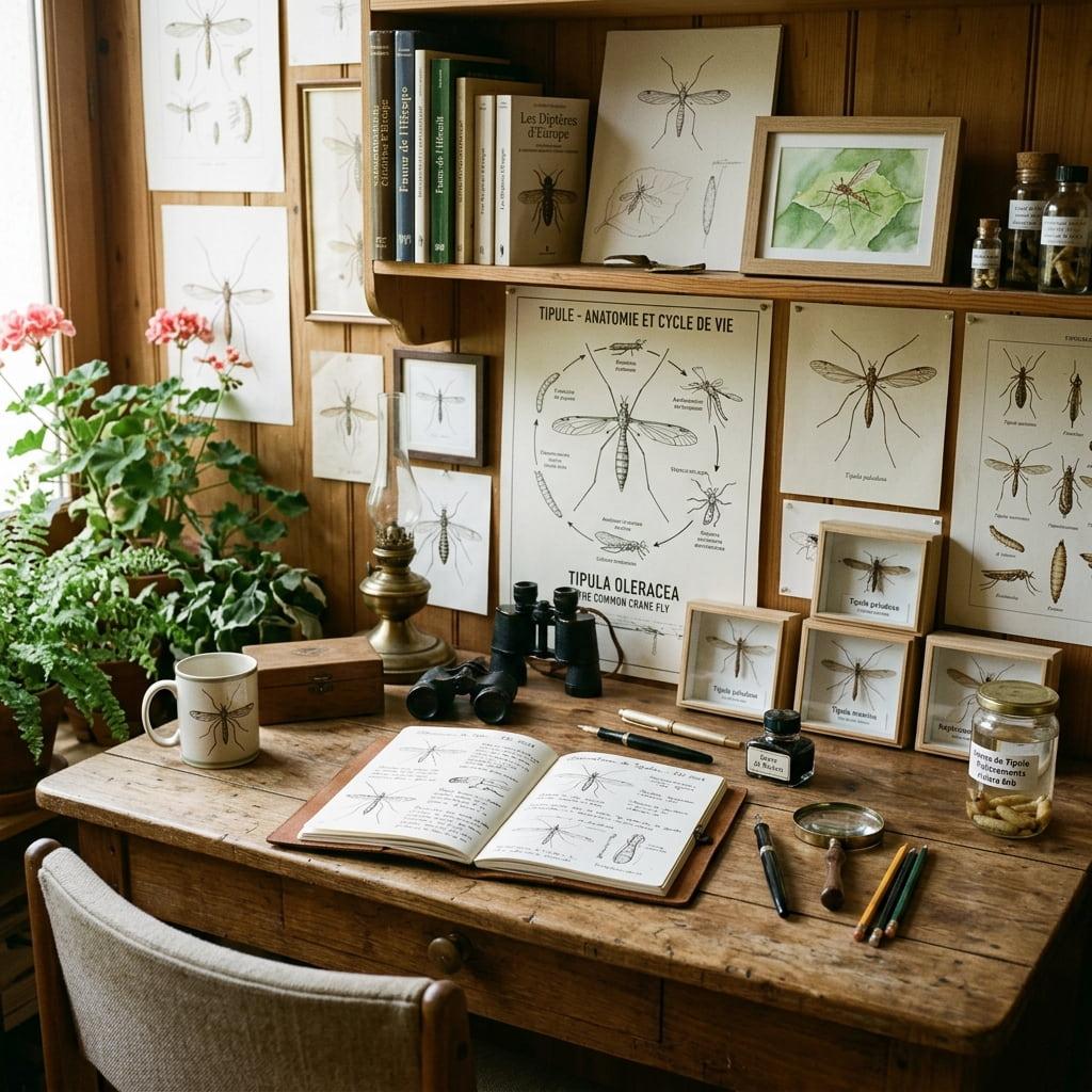Espace d etude dedie au tipule avec dessins outils et affiches entomologiques evoquant l observation attentive la signification symbolique de l insecte et les vibrations subtiles d