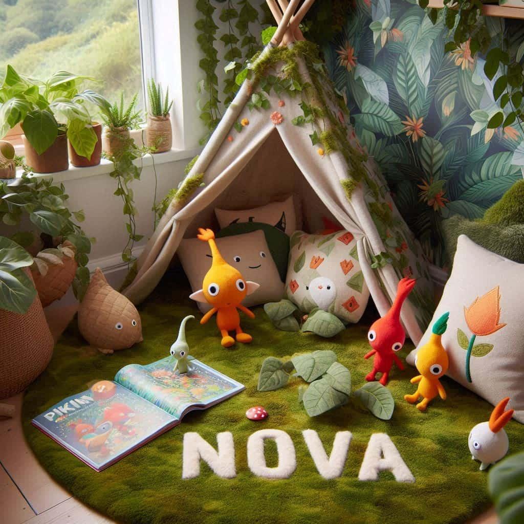 Espace de detente et de jeu pour enfant theme pikmin tapis personnalise avec le prenom nova