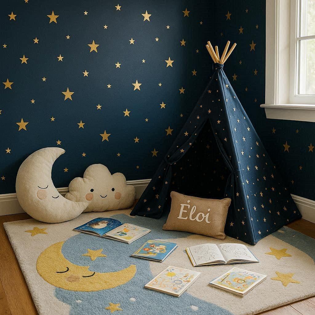oin lecture enfant thème nuit étoilée avec tipi bleu marine décoré d’étoiles, coussins lune et nuage, tapis lune souriante et coussin personnalisé Éloi