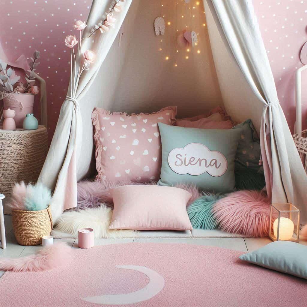 Espace de jeu et de lecture pour enfant decoration aesthetic couleurs pastels coussin personnalise abev le prenom siena