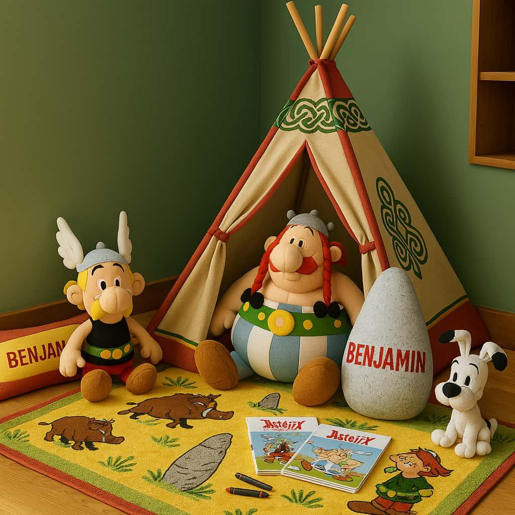 Espace de jeu pour enfant theme deco asterix et obelix tapis tipi peluche asterix obelix idefix menhir personnalise avec le prenom benjamin