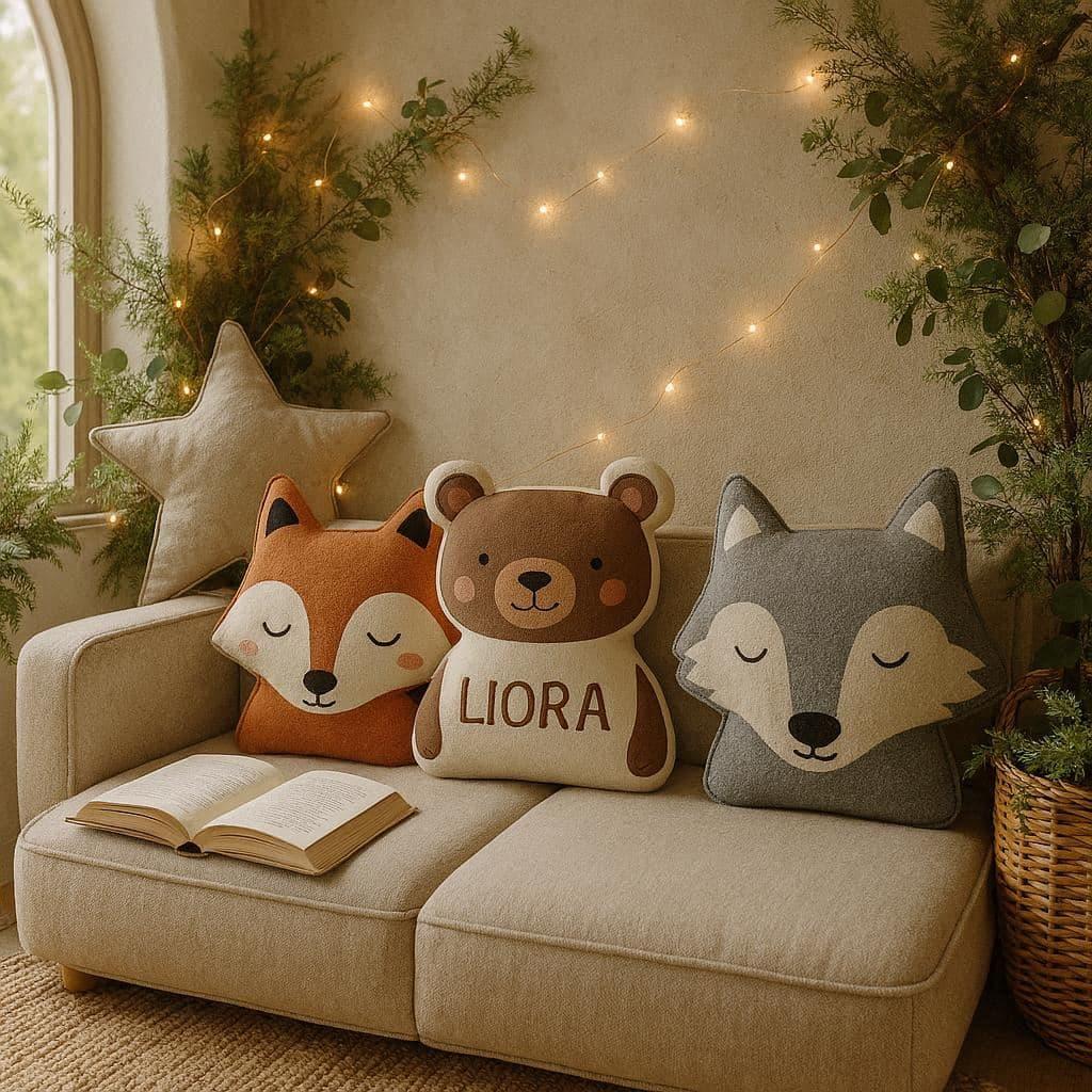 Espace de jeu pour petite fille style forêt magique, ambiance zen et lumineuse, décor naturel avec plantes, coussins confortables et jouets, prénom Liora