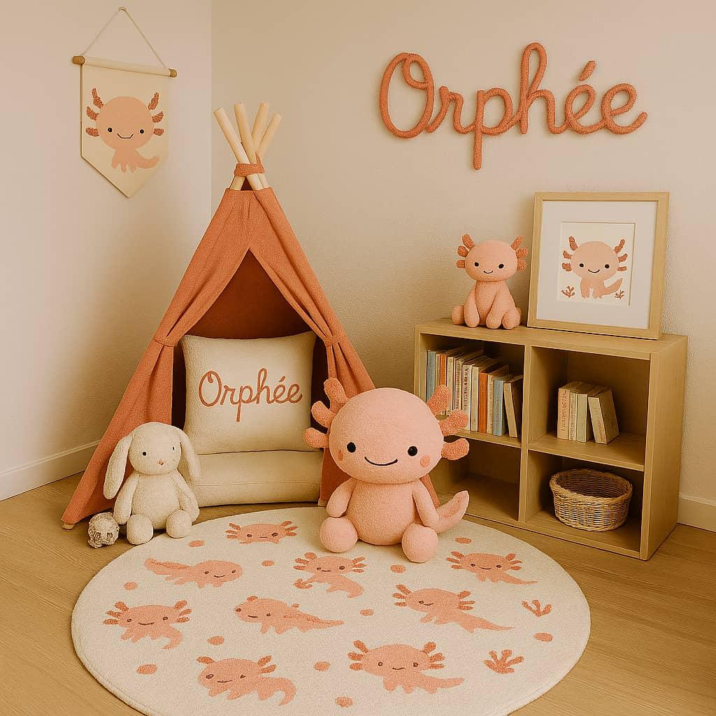Espace de lecture et de jeu pour enfant theme axolotl prenom orphee